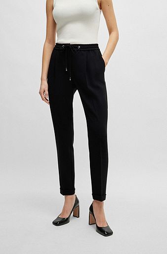 Regular-fit trousers in Japanese crepe with drawstring waist, Black