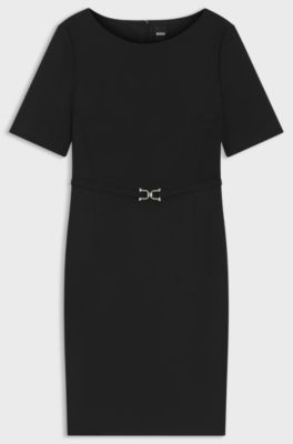Vestito in lana vergine con cintura con dettagli in metallo, Nero