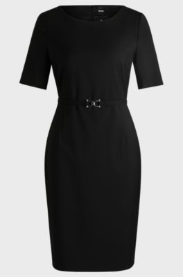 Virgin-wool dress with hardware-trimmed belt, Black