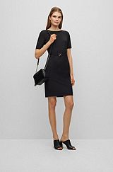 Slim-fit jurk van scheerwol met riem, Zwart
