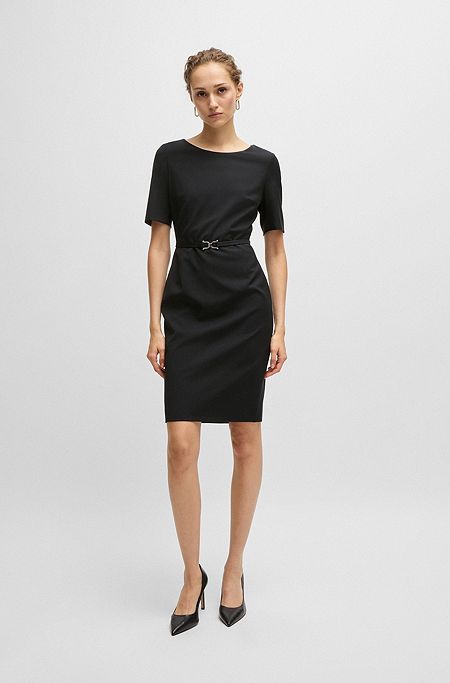 Virgin-wool slim-fit dress with belt detail, Black