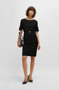 Robe en laine vierge avec ceinture à boucle en métal, Noir