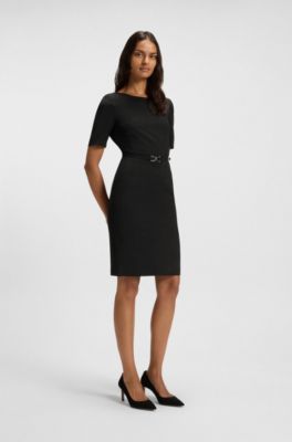 Vestito in lana vergine con cintura con dettagli in metallo, Nero