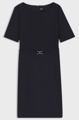 Virgin-wool dress with hardware-trimmed belt, Dark Blue