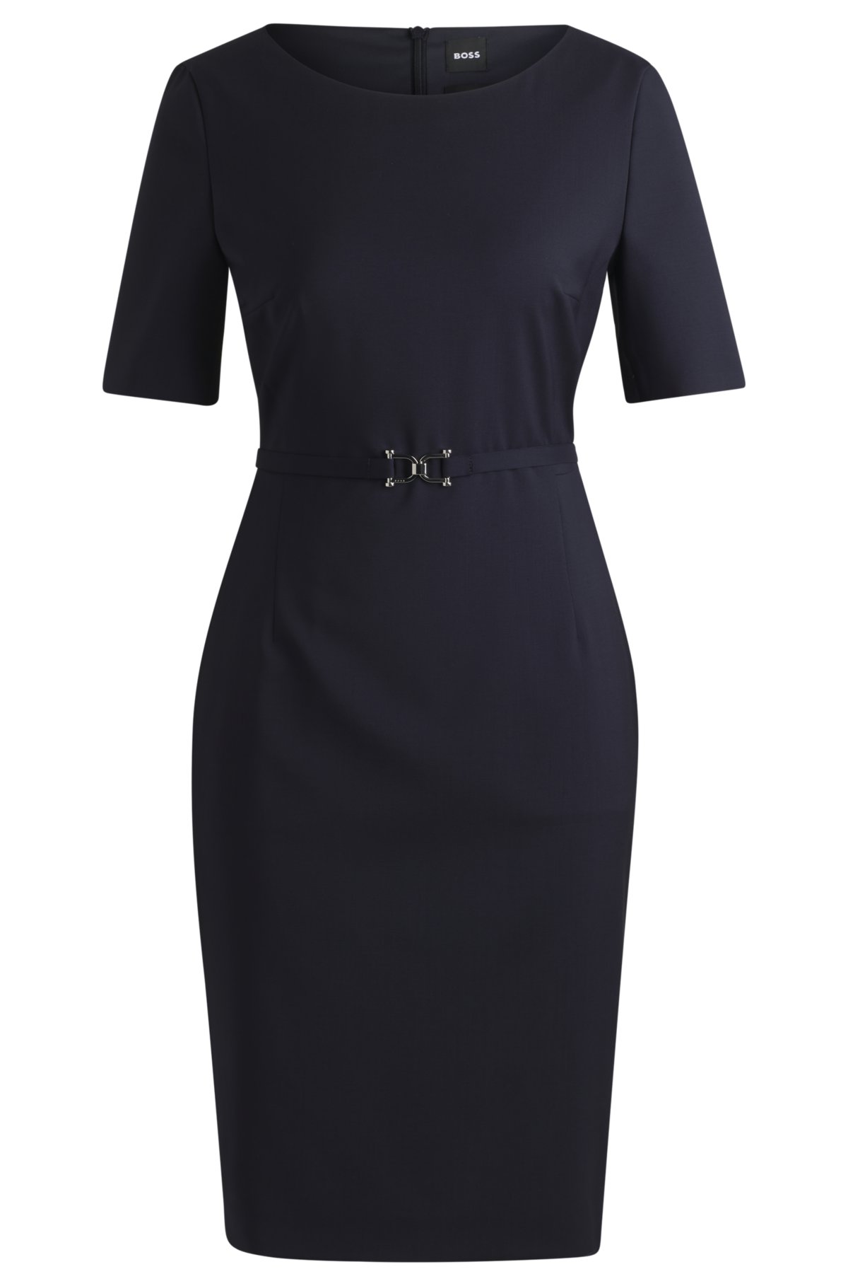 Virgin-wool slim-fit dress with belt detail, Dark Blue