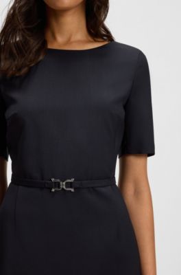 Virgin-wool dress with hardware-trimmed belt, Dark Blue