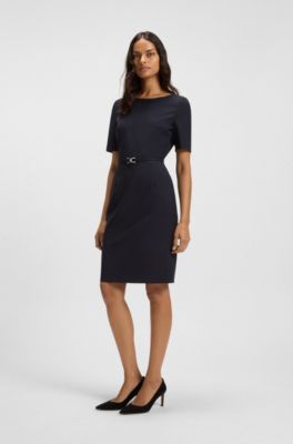 Virgin-wool dress with hardware-trimmed belt, Dark Blue