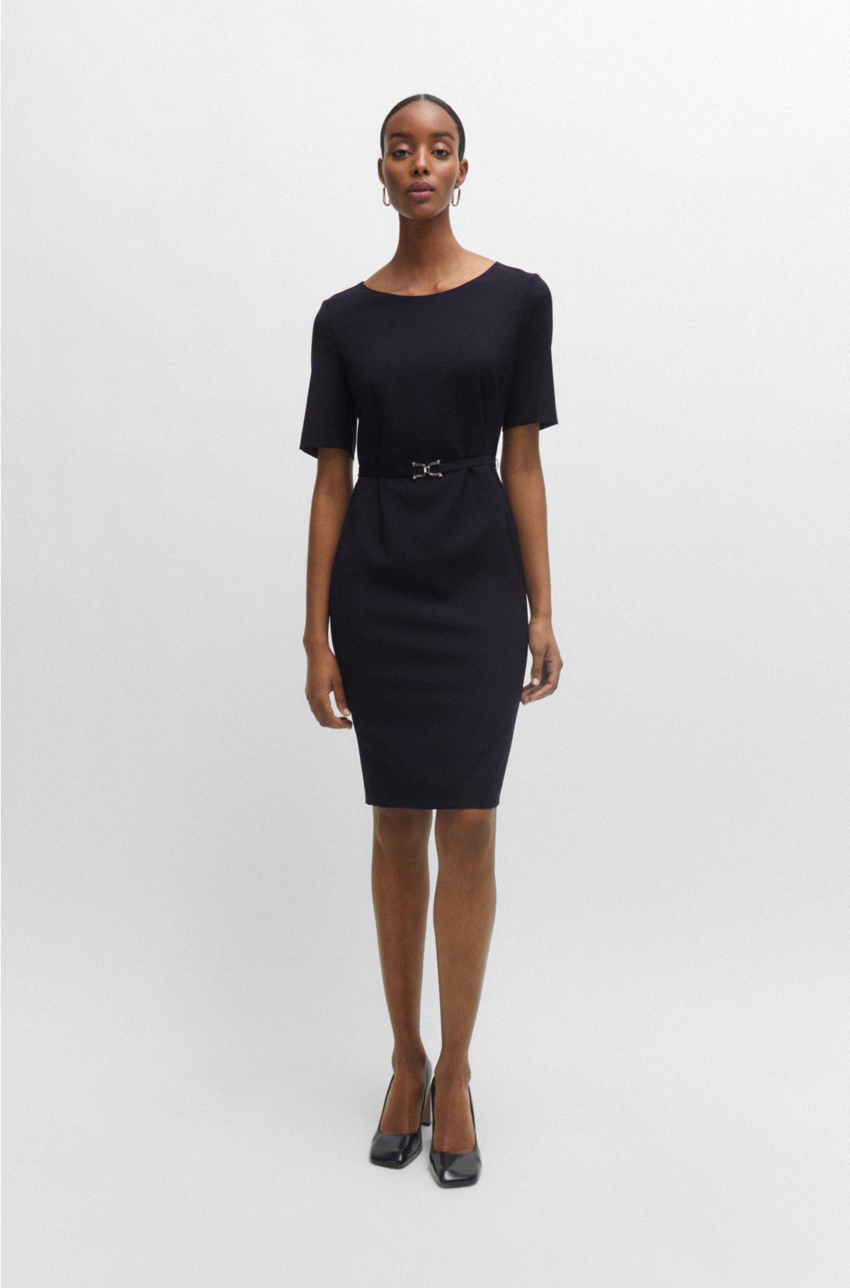 Virgin-wool slim-fit dress with belt detail, Dark Blue