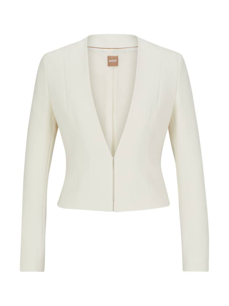 Artikel klicken und genauer betrachten! - Kragenloser BOSS Blazer aus einem elastischen Material-Mix. Der Style präsentiert sich mit schmaler Passform, Cropped-Länge und einem zeitgemäßen Verschluss. Für unsere RESPONSIBLE Produkte verwenden wir immer mindestens 60 % nachhaltigere Rohmaterialien.Dieses Produkt wird mit zertifizierten Zellulosefasern gefertigt, die aus dem natürlichen Rohstoff Holz aus nachhaltiger bewirtschafteten Wäldern gewonnen werden. | im Online Shop kaufen