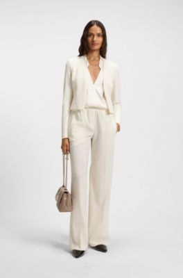 Slim-fit cropped jacket with collarless styling, Natural