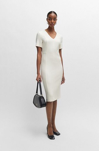 Деловое платье с V-образным вырезом и короткими рукавами, Белый