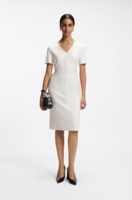V-neck business dress with seam details, Natural
