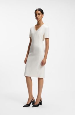 V-neck business dress with seam details, Natural