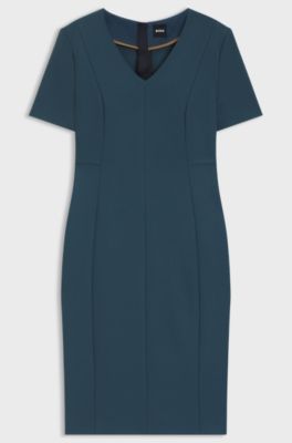 Vestido business con cuello en pico y detalles en las costuras, Azul