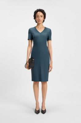 V-neck dress in stretch fabric, Blue