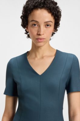 V-neck business dress with seam details, Blue