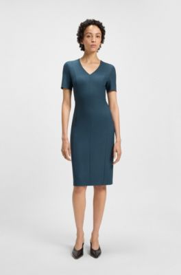 V-neck business dress with seam details, Blue