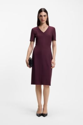 V-neck dress in stretch fabric, Bordeaux
