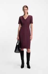 Kleid aus elastischem Gewebe mit V-Ausschnitt, Dunkelrot
