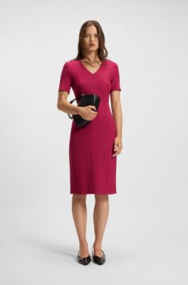 V-neck business dress with seam details, Dark Red