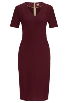 Hugo Boss V-neck Business Dress With Short Sleeves In Brown