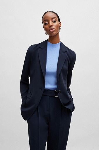 Baby blue suit with oversized blazer with double lapels and shorts with  skirt