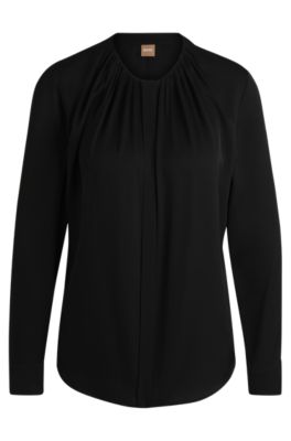 BOSS - Ruched-neck blouse in stretch-silk crepe de Chine