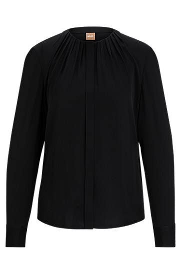 HUGO BOSS RUCHED-NECK BLOUSE IN STRETCH-SILK CREPE DE CHINE