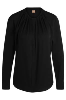 Hugo Boss Ruched-neck Blouse In Stretch-silk Crepe De Chine In Black