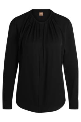 HUGO BOSS RUCHED-NECK BLOUSE IN STRETCH-SILK CREPE DE CHINE