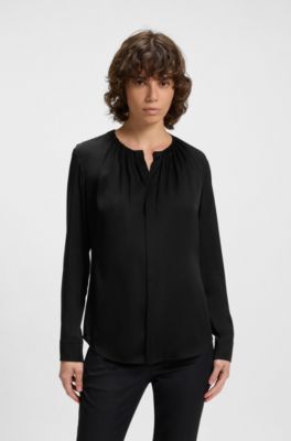 Ruched-neck blouse in stretch-silk crepe de Chine, Black