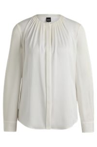 Bluse aus elastischem Crêpe de Chine mit gerafftem Ausschnitt, Weiß