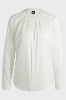 Ruched-neck blouse in stretch-silk crepe de Chine, White
