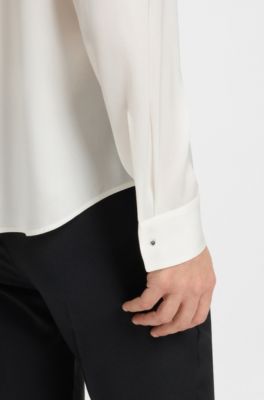 Camicetta con scollo con ruche in cr&ecirc;pe de Chine di seta elasticizzata, Bianco