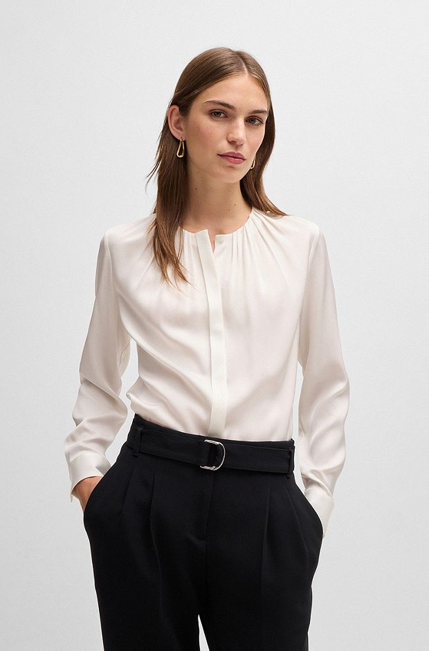 Ruched-neck blouse in stretch-silk crepe de Chine, White