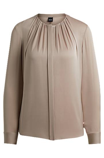 Hugo Boss Ruched-neck Blouse In Stretch-silk Crepe De Chine In Brown