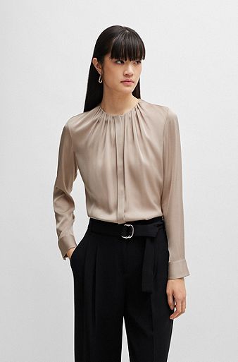 Ruched-neck blouse in stretch-silk crepe de Chine, Light Beige