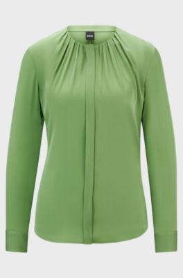 Ruched-neck blouse in stretch-silk crepe de Chine, Light Green
