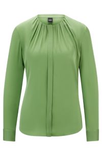 Ruched-neck blouse in stretch-silk crepe de Chine, Light Green