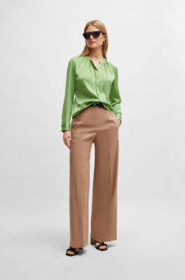 Ruched-neck blouse in stretch-silk crepe de Chine, Light Green