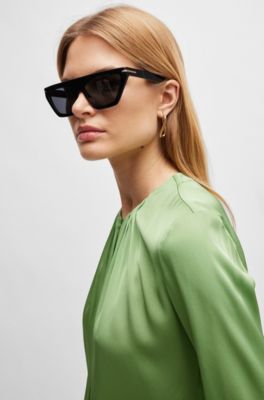 Ruched-neck blouse in stretch-silk crepe de Chine, Light Green