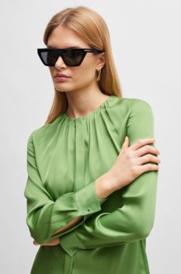 Ruched-neck blouse in stretch-silk crepe de Chine, Light Green