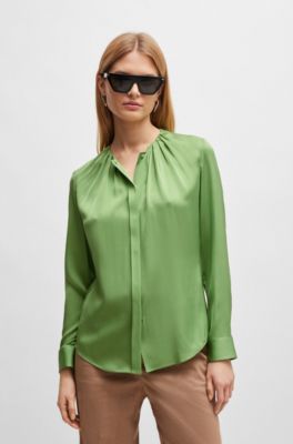 Ruched-neck blouse in stretch-silk crepe de Chine, Light Green
