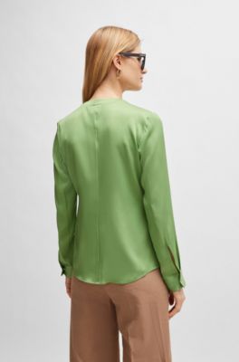 Ruched-neck blouse in stretch-silk crepe de Chine, Light Green