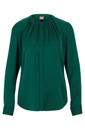 Hugo Boss Ruched-neck Blouse In Stretch-silk Crepe De Chine In Green