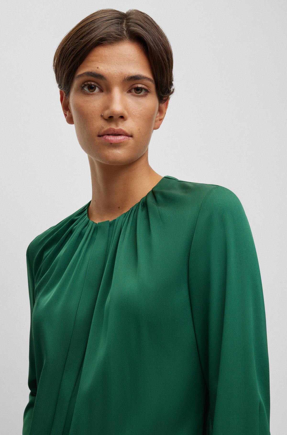 Ruched-neck blouse in stretch-silk crepe de Chine, Green