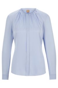 Ruched-neck blouse in stretch-silk crepe de Chine, Light Blue
