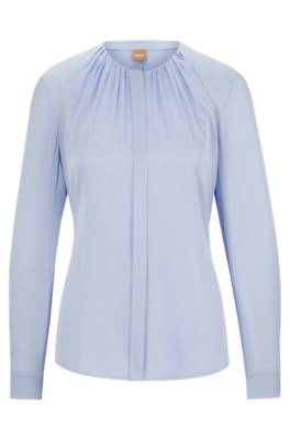 Hugo Boss Ruched-neck Blouse In Stretch-silk Crepe De Chine In Light Blue