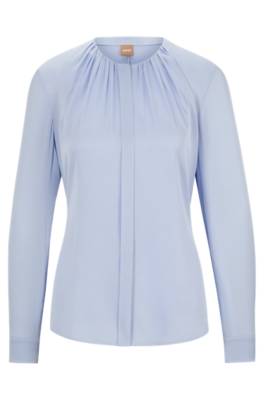 HUGO BOSS RUCHED-NECK BLOUSE IN STRETCH-SILK CREPE DE CHINE