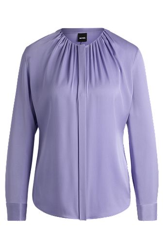 Ruched-neck blouse in stretch-silk crepe de Chine, Purple